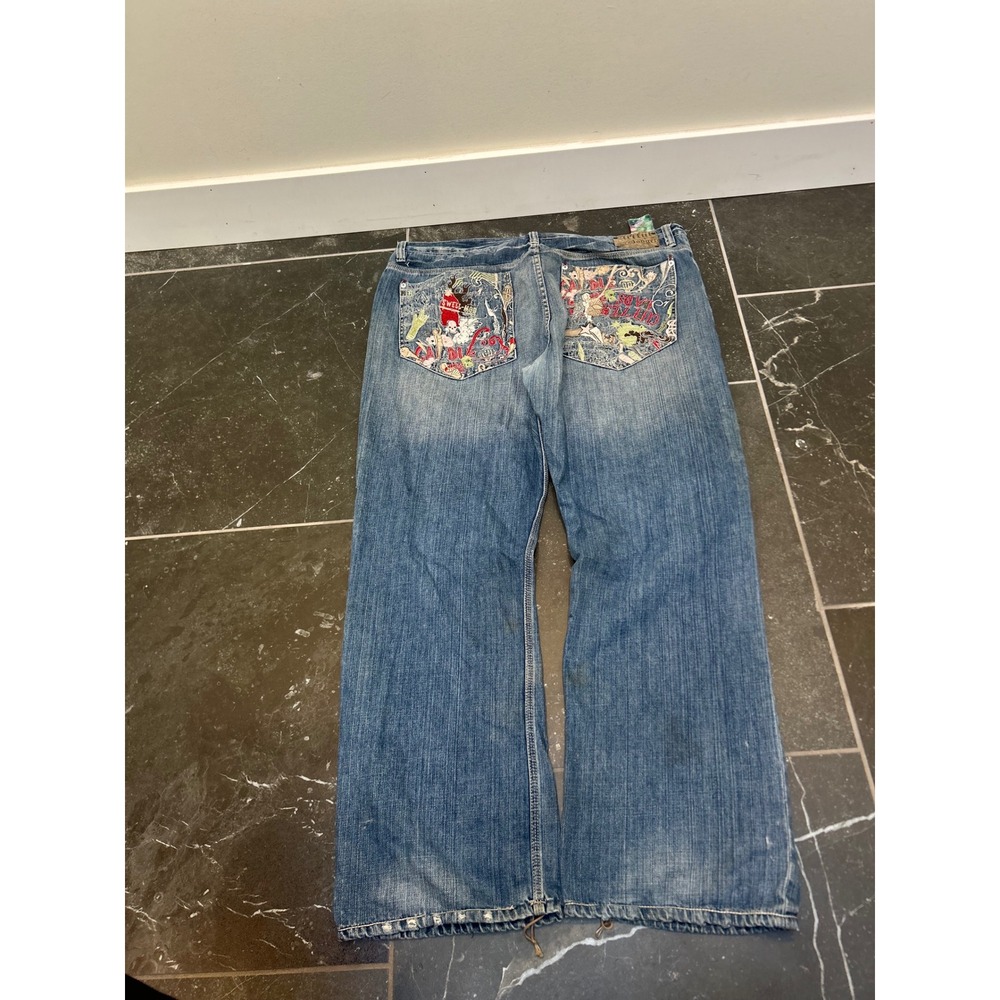 Artful Distressed Graphic Embroidered Wide Leg Jeans Mens 44x32 Medium Wash Y2K